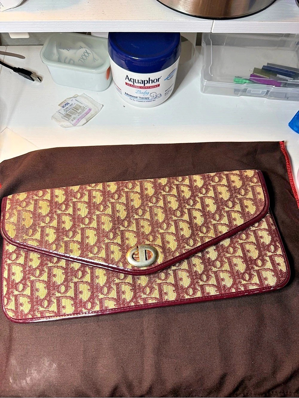 Christian Dior Vintage Oblique Monogram Envelope Clutch Brown & Burgundy